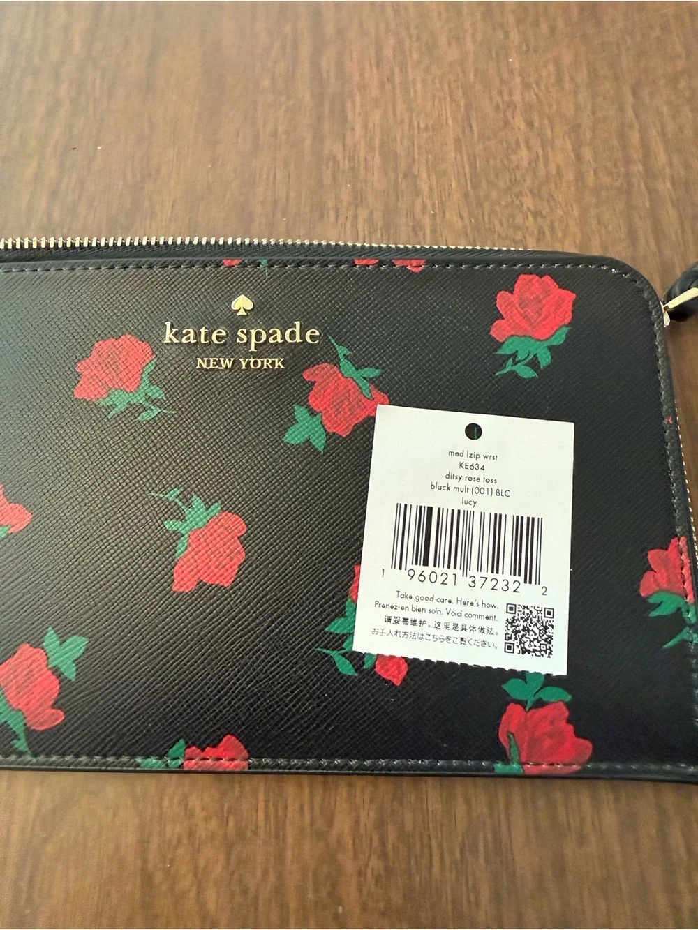 kate spade Black Rose Print Zip Wristlet